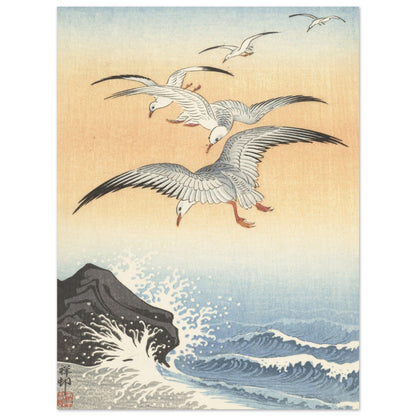 Five seagulls above turbulent sea (1900 - 1930) by Ohara Koson - Print Material - Master's Gaze