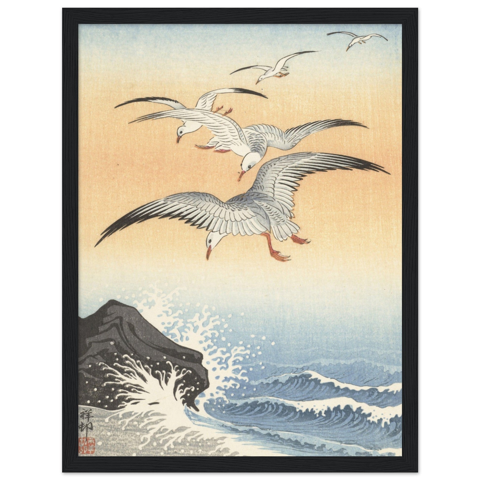 Five seagulls above turbulent sea (1900 - 1930) by Ohara Koson - Print Material - Master's Gaze