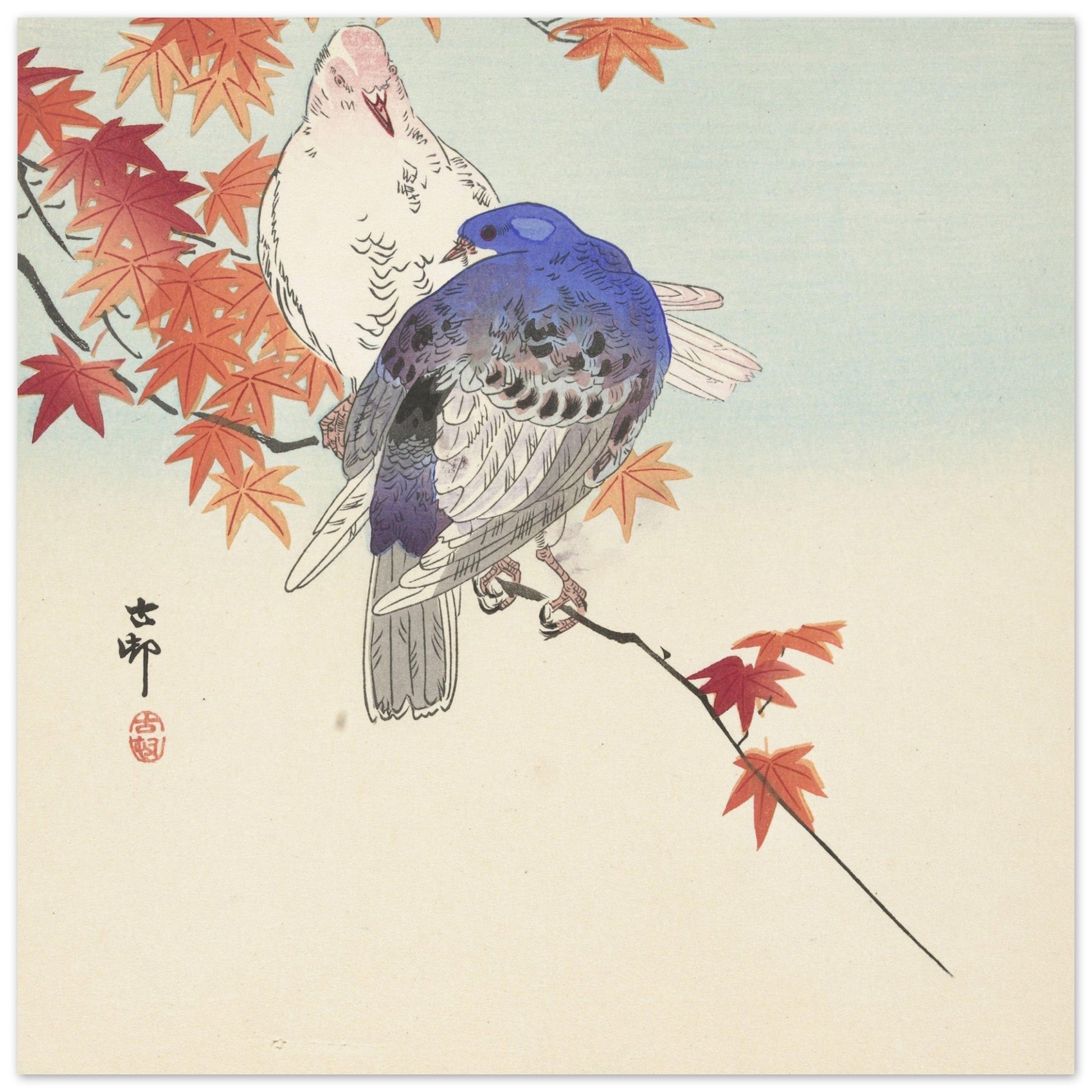 Two pigeons on autumnal branch (1900 - 1936) by Ohara Koson - Print Material - Master's Gaze